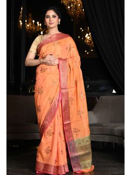 Beatitude - Bright Orange Shade Desi Tussar Banarasi Handwoven Saree with Unstitched Blouse