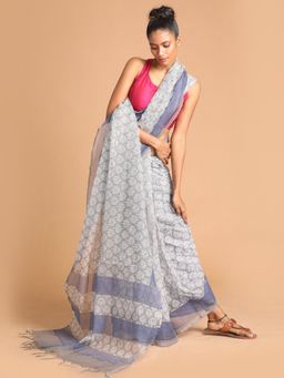 Indethnic - Grey Printed Super Net Saree with Unstitched Blouse