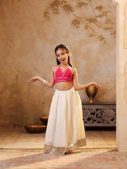 SHORGUL - Girls Pink Cotton Mirror Work Lehenga with Choli