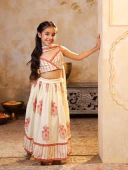 SHORGUL - Girls Beige Cotton Printed Lehenga with Choli and Dupatta
