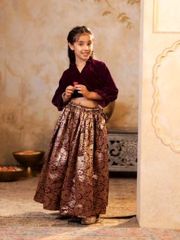 SHORGUL - Girls Burgundy Silk Blend Solid Lehenga with Choli