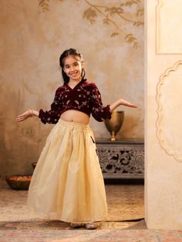 SHORGUL - Girls Maroon Tissue Embroidered Lehenga with Choli