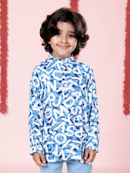 KiddoPanti - Boys Blue Rayon Typographic Printed Short Kurta