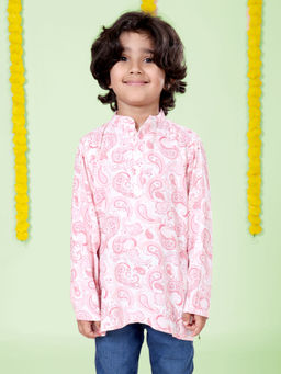 KiddoPanti - Boys White Rayon Paisley Printed Short Kurta