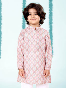 KiddoPanti - Boys Rayon Ethnic Motif Printed Pink Kurta
