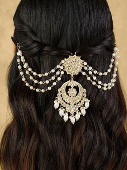 Indinoor - Kundan Gold Pearl Hair Brooch