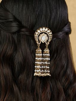 Indinoor - Pearl Gold Kundan Hair Brooch