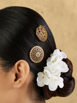 Indinoor - Multicolour Temple Gold Hair Brooch Set