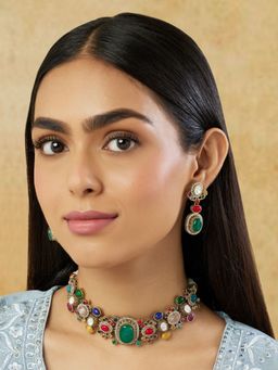 Indinoor - Kundan Multicolour Choker Jewellery Set