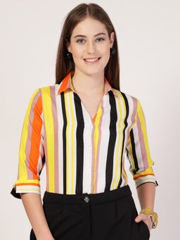 Style Quotient - Women Orange Polyester Stripes Regular Fit Shirt
