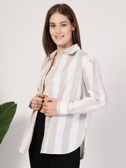 Style Quotient - Women Beige Polycotton Stripes Oversized Fit Shirt