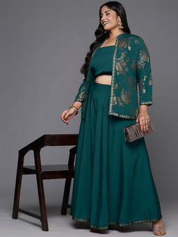 A plus by Ahalyaa - Green Floral Printed Blouse with Skirt and Jacket (Set of 3)