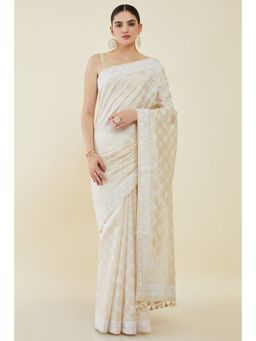Soch - Women Cream Silk Embroidered Saree with Unstitched Blouse