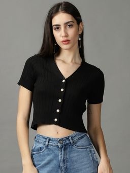SHOWOFFFF - Womens V-Neck Fitted Textured Black Crop Top