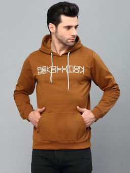 RIGO - Men Camel Brown Printed Hooded Fleece Sweatshirt