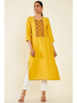 Soch - Women Mustard Viscose Embroidered Kurta