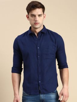 SHOWOFFFF - Men Spread Collar Navy Blue Slim Fit Solid Shirt