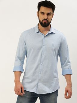 SHOWOFFFF - Men Spread Collar Self Design Blue Slim Fit Shirt