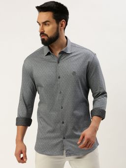 SHOWOFFFF - Men Spread Collar Self Design Grey Slim Fit Shirt