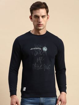 SHOWOFF - Men Round Neck Printed Navy Blue Pullover Sweatshirt