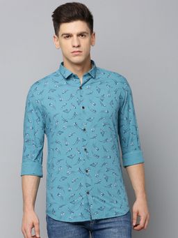 SHOWOFF - Men Spread Collar Printed Turquoise Blue Slim Fit Shirt