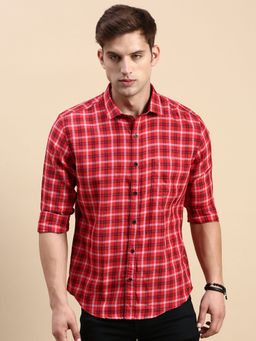 SHOWOFFFF - Men Spread Collar Red Slim Fit Checked Shirt