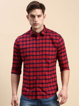 SHOWOFF - Men Spread Collar Red Slim Fit Checked Shirt