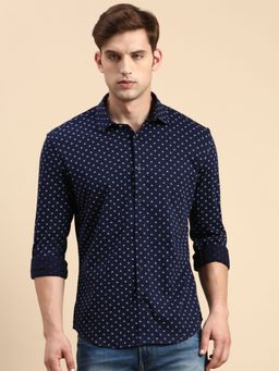 SHOWOFF - Men Spread Collar Navy Blue Slim Fit Printed Shirt