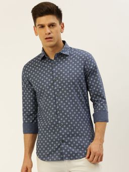 SHOWOFFFF - Men Spread Collar Printed Blue Slim Fit Shirt