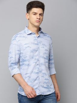 SHOWOFFFF - Men Spread Collar Printed Blue Slim Fit Shirt