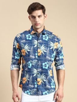 SHOWOFF - Men Spread Collar Blue Slim Fit Printed Shirt