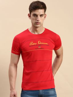 SHOWOFFFF - Men Round Neck Short Sleeves Typography Red Slim Fit T-Shirt