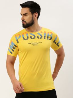 SHOWOFFFF - Men Round Neck Short Sleeves Typography Yellow Slim Fit T-Shirt