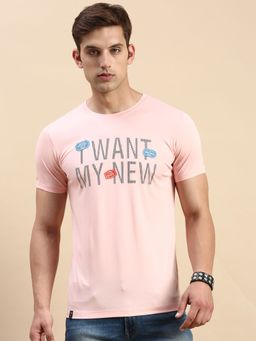 SHOWOFFFF - Men Round Neck Short Sleeves Typography Pink Slim Fit T-Shirt