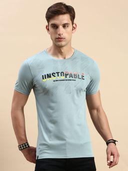SHOWOFFFF - Men Round Neck Short Sleeves Typography Blue Slim Fit T-Shirt