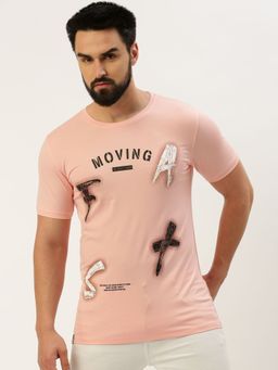 SHOWOFFFF - Men Round Neck Short Sleeves Typography Pink Slim Fit T-Shirt