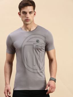 SHOWOFF - Men Round Neck Short Sleeves Typography Grey Slim Fit T-Shirt