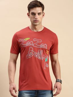 SHOWOFFFF - Men Round Neck Short Sleeves Typography Rust Slim Fit T-Shirt