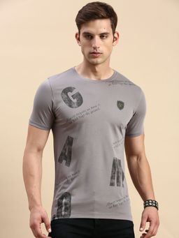 SHOWOFF - Men Round Neck Short Sleeves Typography Grey Slim Fit T-Shirt