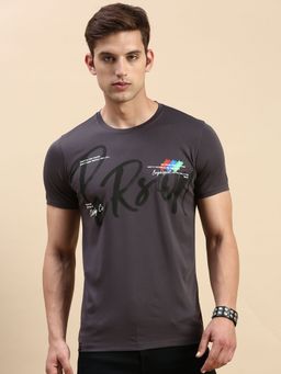 SHOWOFFFF - Men Round Neck Short Sleeves Typography Grey Slim Fit T-Shirt