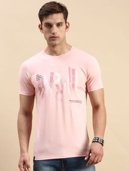 SHOWOFFFF - Men Round Neck Short Sleeves Typography Pink Slim Fit T-Shirt