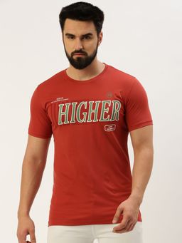 SHOWOFFFF - Men Round Neck Short Sleeves Typography Rust Slim Fit T-Shirt