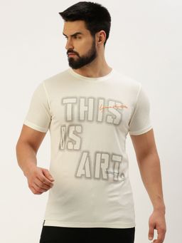SHOWOFFFF - Men Round Neck Short Sleeves Typography Off White Slim Fit T-Shirt