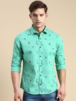 SHOWOFFFF - Men Spread Collar Green Slim Fit Printed Shirt