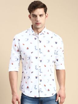 SHOWOFFFF - Men Spread Collar White Slim Fit Printed Shirt