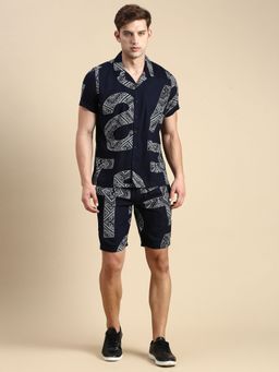 SHOWOFFFF - Men Short Sleeves Printed Navy Blue Co-Ords (Set of 2)