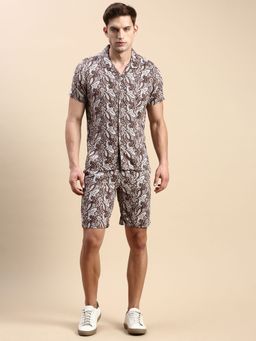 SHOWOFF - Men Short Sleeves Printed Coffee Brown Co-Ords (Set of 2)