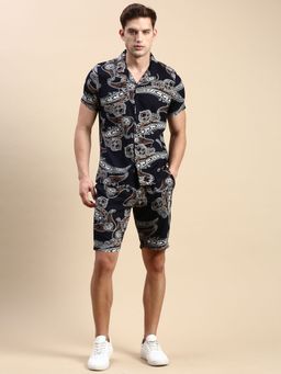 SHOWOFFFF - Men Short Sleeves Printed Navy Blue Co-Ords (Set of 2)