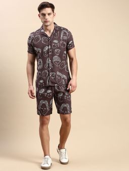 SHOWOFF - Men Printed Coffee Brown Slim Fit Co-Ords (Set of 2)