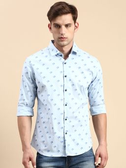 SHOWOFFFF - Men Spread Collar Blue Slim Fit Printed Shirt